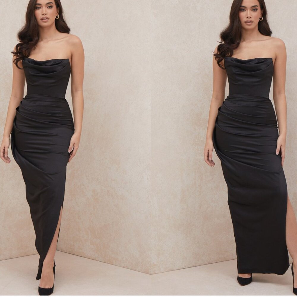 HOUSE OF CB 'Adrienne' Black Satin Strapless Corset Maxi NWOT